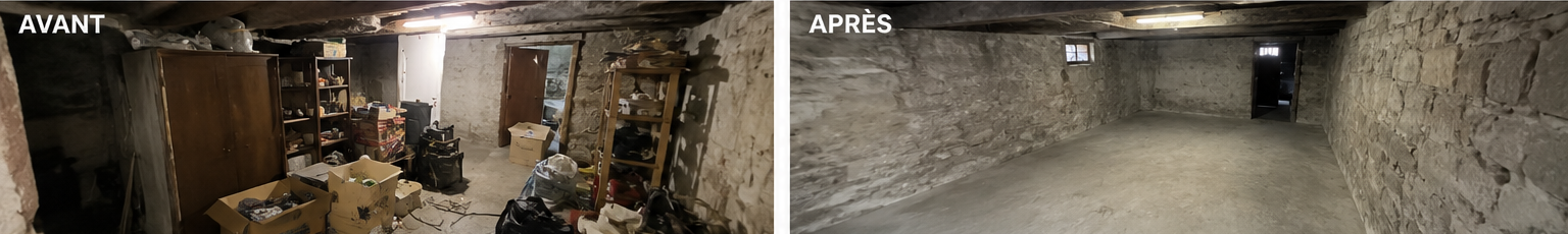 Avant / après débarras Débarras.com — cave libérée et balayée avant vente