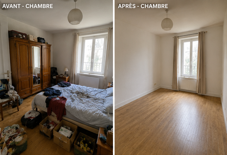 Avant / après débarras Débarras.com — chambre meublée intégralement vidée