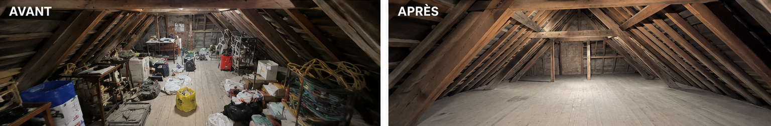 Avant / après débarras Débarras.com — grenier de succession entièrement vidé