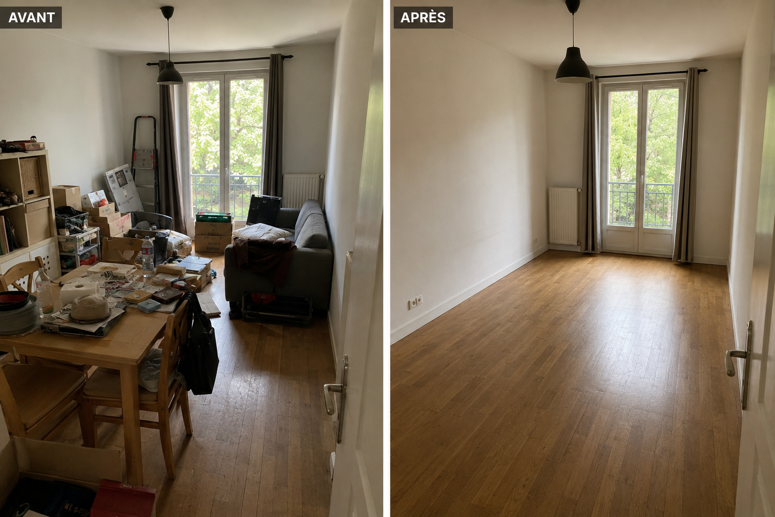 Avant / après débarras Débarras.com — salon d'appartement vidé pour mise en location