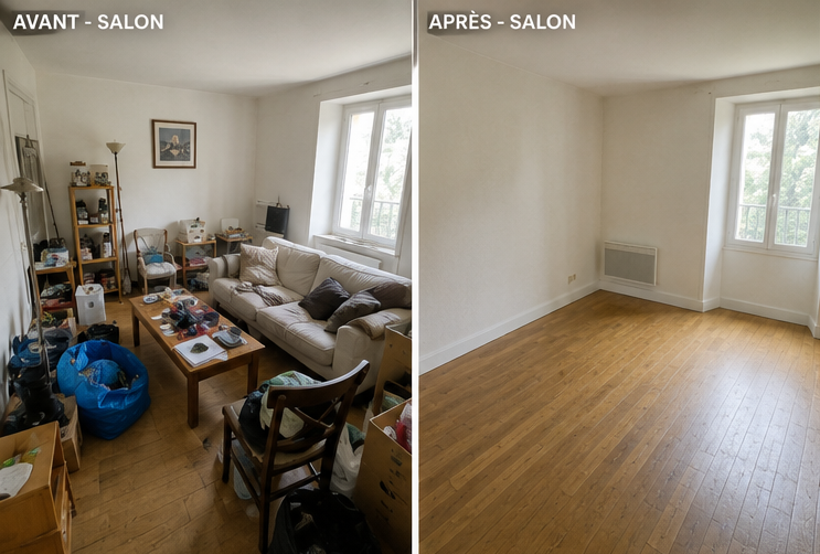 Avant / après débarras Débarras.com — salon meublé vidé pour mise en vente