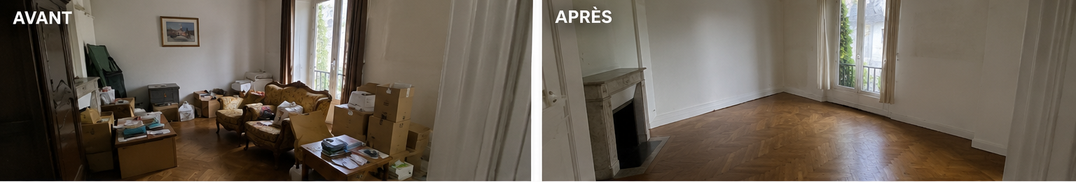 Avant / après débarras Débarras.com — salon de succession entièrement vidé et balayé